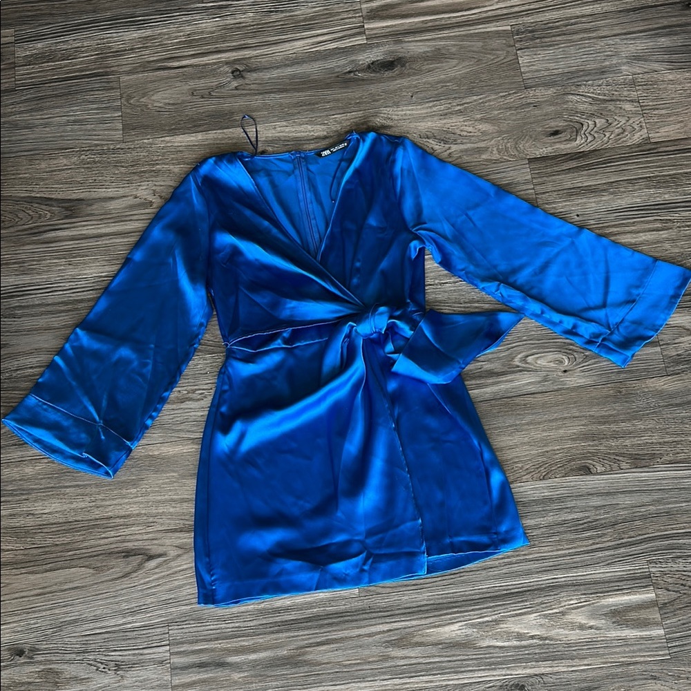 Zara Royal Blue Satin-y Wrap Mini Dress with Bell Sleeves Size Large